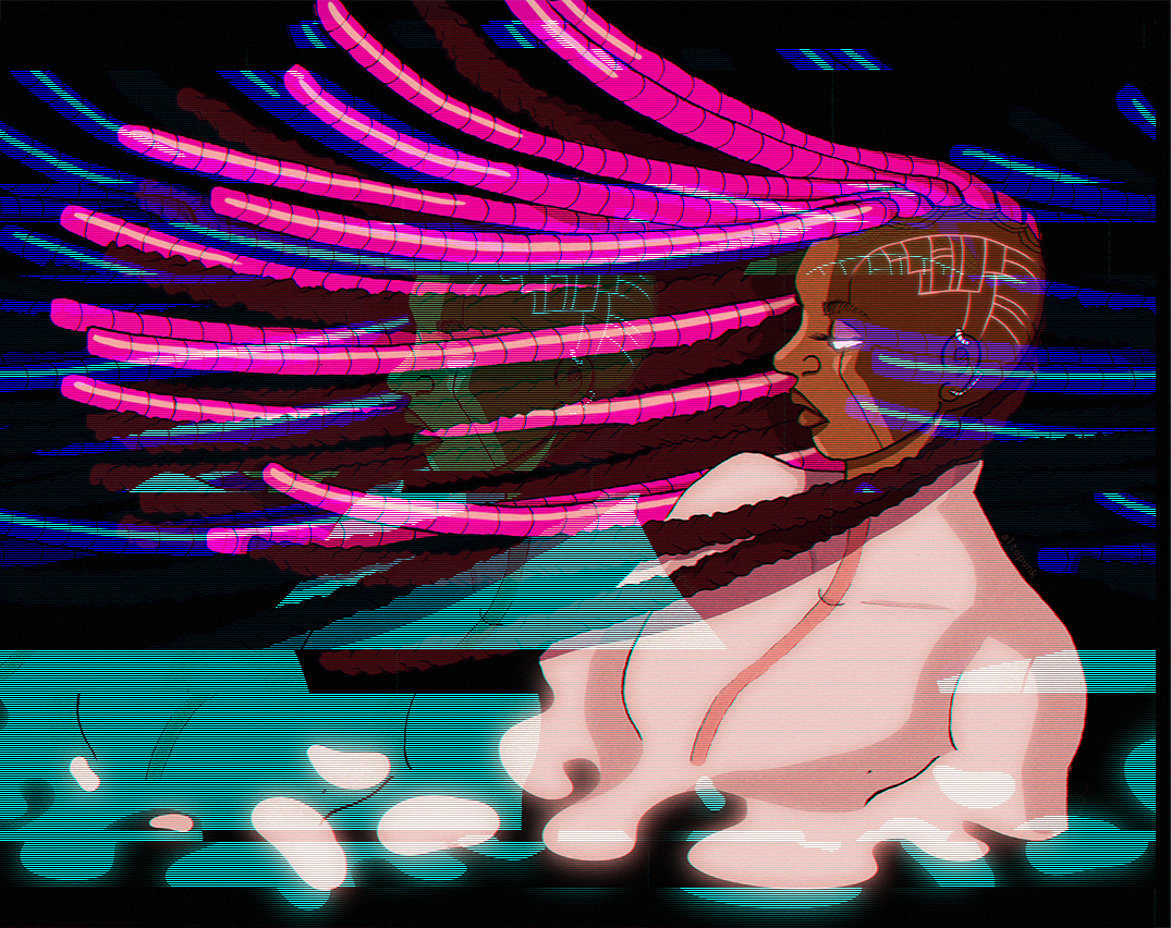 digital drawing of a dope cyber lady with pink locs, teal and blue and pink background